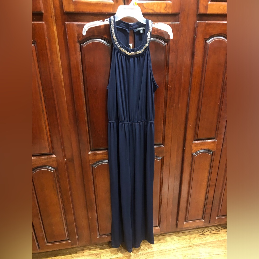 2/$30 Espresso Navy Blue Wide Leg Jumpsuit Sleeveless Halter Neck Dressy Sz M - Picture 3 of 11